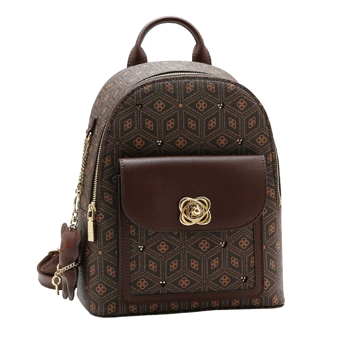 Mochila feminina Chenson Coração Cristal cor café com estampa geométrica e detalhes dourados vista frontal